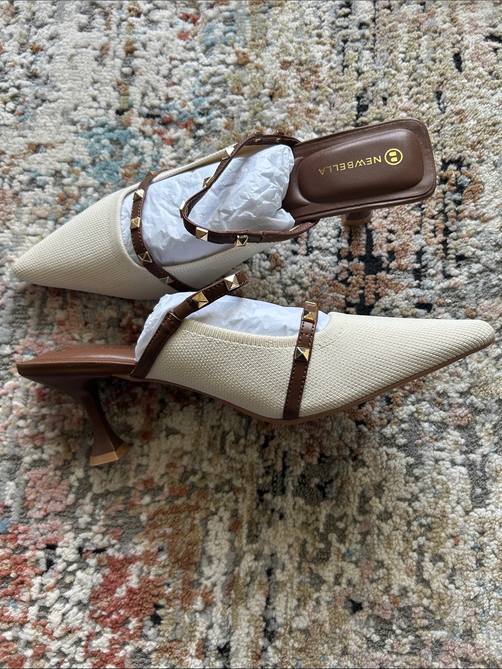 Newbella Cream and Brown Pointed Kitten-Heel Mules